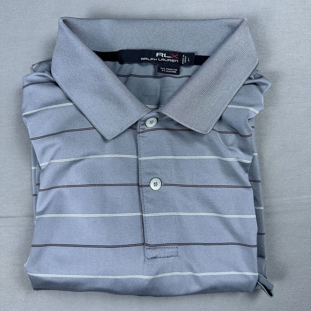 RLX Ralph Lauren Golf Polo Shirt Mens L Gray Striped Short Sleeve Performance